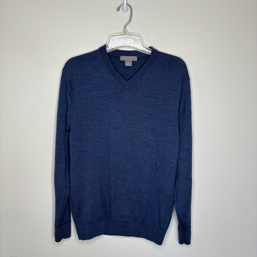 BN7 Daniel Cremieux Mens 100% Extra Fine Merino Wool Sweater Blue V-Neck Large